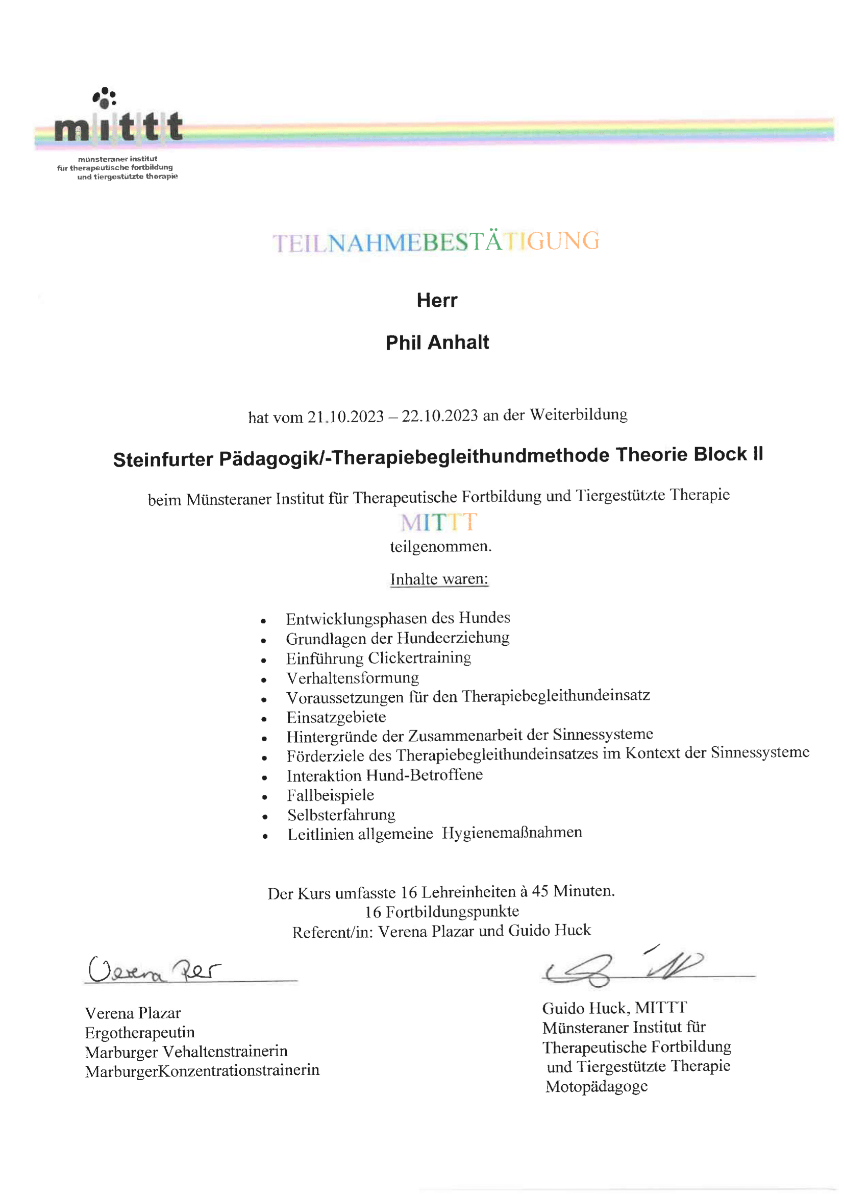 Teilnahmebescheinigung Therapiehund 2